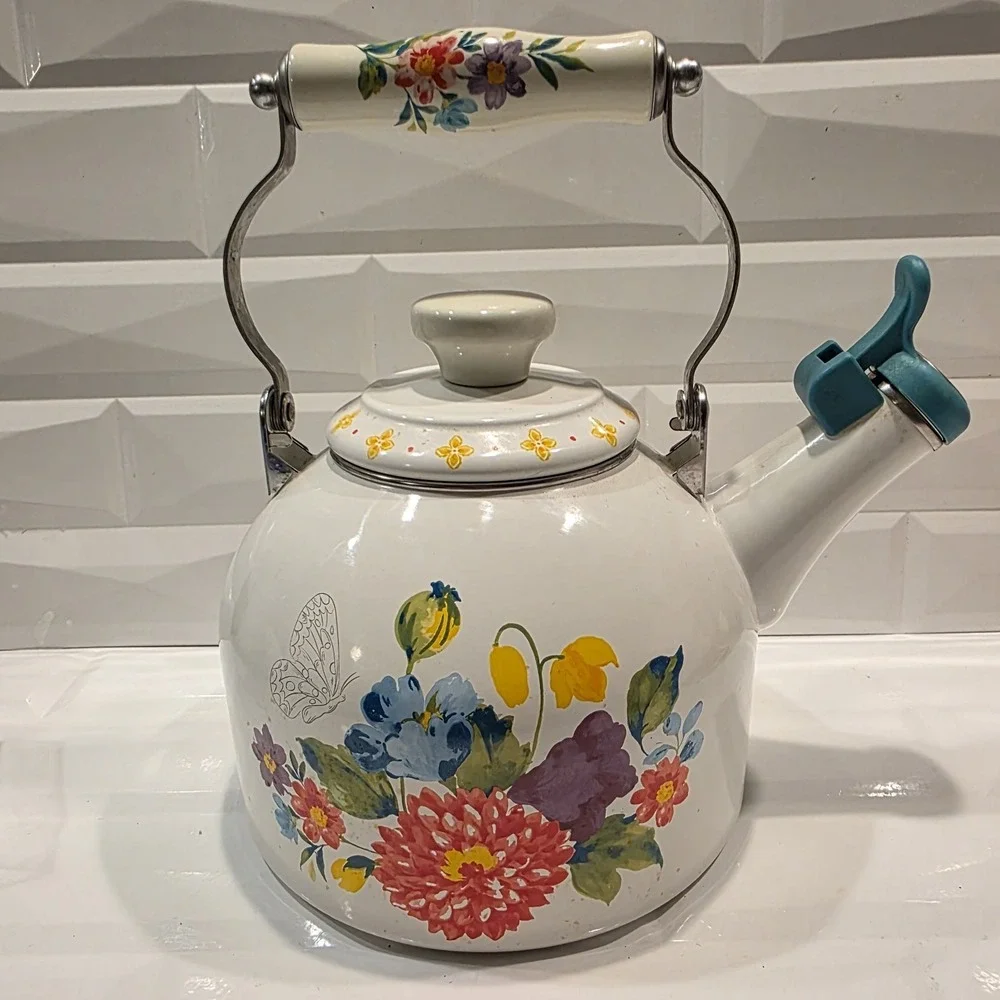 Pioneer Woman Whistling Tea Kettle 2 Quart Blooming Bouquet Enamel On Steel